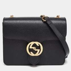 Pre Owned Gucci Black Leather Dollar Interlocking G Crossbody Bag
