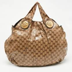 Gucci Brown/Beige GG Crystal Canvas and Leather Large Hysteria Hobo