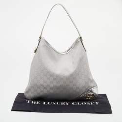 Pre Owned Gucci Metallic Silver GG Canvas and Leather Medium Britt Hobo 