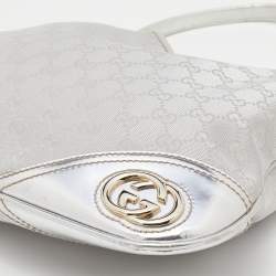 Pre Owned Gucci Metallic Silver GG Canvas and Leather Medium Britt Hobo 