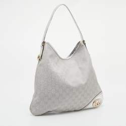 Pre Owned Gucci Metallic Silver GG Canvas and Leather Medium Britt Hobo 