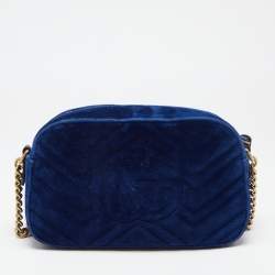 Pre Owned Gucci Royal Blue Matelassé Velvet Small GG Marmont Shoulder Bag