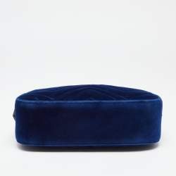 Pre Owned Gucci Royal Blue Matelassé Velvet Small GG Marmont Shoulder Bag