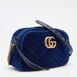 Pre Owned Gucci Royal Blue Matelassé Velvet Small GG Marmont Shoulder Bag