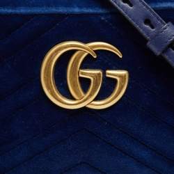 Pre Owned Gucci Royal Blue Matelassé Velvet Small GG Marmont Shoulder Bag