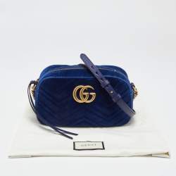 Pre Owned Gucci Royal Blue Matelassé Velvet Small GG Marmont Shoulder Bag