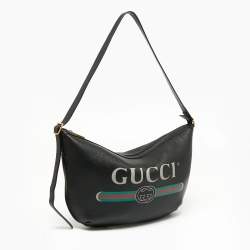 Pre Owned Gucci Black Leather Web Logo Half Moon Hobo
