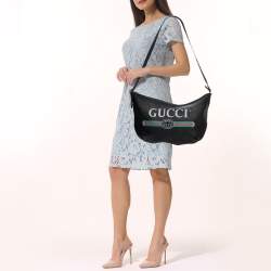Pre Owned Gucci Black Leather Web Logo Half Moon Hobo