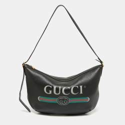 Authentic Gucci Calfskin Leather Logo Half-Moon Printed Hobo Bag