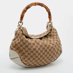 Pre Owned حقيبة هوبو غوتشي بيغي بامبو جلد وكانفاس جي جي بيج/أوف وايت متوسطة