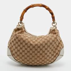 Pre Owned حقيبة هوبو غوتشي بيغي بامبو جلد وكانفاس جي جي بيج/أوف وايت متوسطة