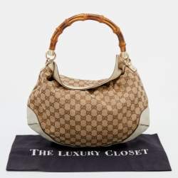 Pre Owned حقيبة هوبو غوتشي بيغي بامبو جلد وكانفاس جي جي بيج/أوف وايت متوسطة