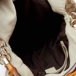 Pre Owned حقيبة هوبو غوتشي بيغي بامبو جلد وكا نفاس جي جي بيج/أوف وايت متوسطة