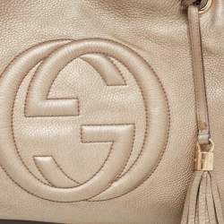 Pre Owned Gucci Light Gold Grained Leather Medium Soho Chain Tote