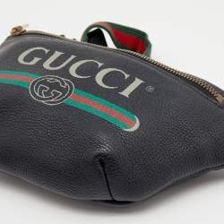 Pre Owned Gucci Black Pebbled Leather Small Logo Web Belt Bag