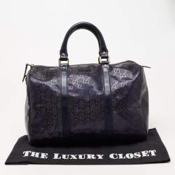 مملوكة مسبقًا حقيبة بوسطن غوتشي جوي كانفاس GG أزرق كحلي مرصع بالكريستال متوسطة