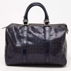 مملوكة مسبقًا حقيبة بوسطن غوتشي جوي كانفاس GG أزرق كحلي مرصع بالكريستال متوسطة