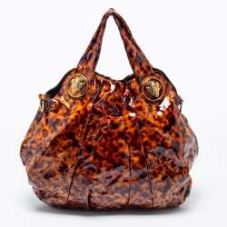 Pre Owned Gucci Brown/Black Tortoise Shell Patent Leather Large Hysteria Hobo