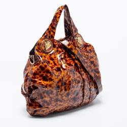 Pre Owned Gucci Brown/Black Tortoise Shell Patent Leather Large Hysteria Hobo