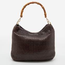 مملوكة مسبقًا Gucci Dark Brown Woven Leather Bamboo Handle Tote