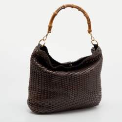 مملوكة مسبقًا Gucci Dark Brown Woven Leather Bamboo Handle Tote