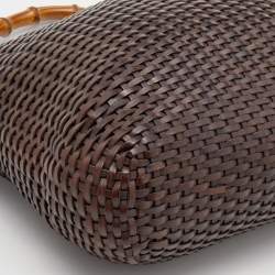 مملوكة مسبقًا Gucci Dark Brown Woven Leather Bamboo Handle Tote