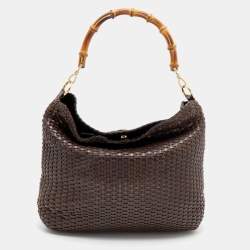 مملوكة مسبقًا Gucci Dark Brown Woven Leather Bamboo Handle Tote