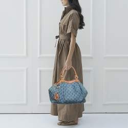 Pre Owned Gucci Blue GG Denim and Leather Medium Sukey Tote