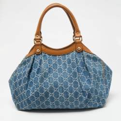 Pre Owned Gucci Blue GG Denim and Leather Medium Sukey Tote