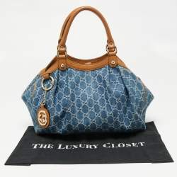 Pre Owned Gucci Blue GG Denim and Leather Medium Sukey Tote