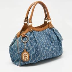 Pre Owned Gucci Blue GG Denim and Leather Medium Sukey Tote