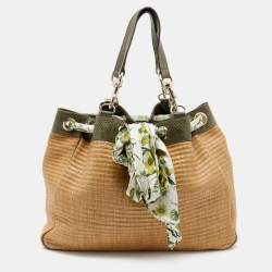 Pre Owned Gucci Beige/Green Raffia And Python Positano Tote