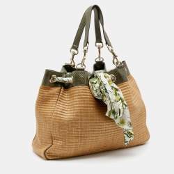 Pre Owned Gucci Beige/Green Raffia And Python Positano Tote