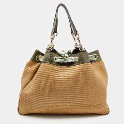 Pre Owned Gucci Beige/Green Raffia And Python Positano Tote