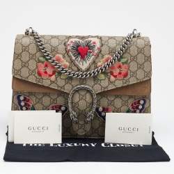 Pre Owned Gucci Beige GG Supreme Canvas and Suede Medium Embroidered Butterfly/Flowers Dionysus Shoulder Bag