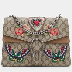 Pre Owned Gucci Beige GG Supreme Canvas and Suede Medium Embroidered Butterfly/Flowers Dionysus Shoulder Bag