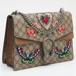 Pre Owned Gucci Beige GG Supreme Canvas and Suede Medium Embroidered Butterfly/Flowers Dionysus Shoulder Bag