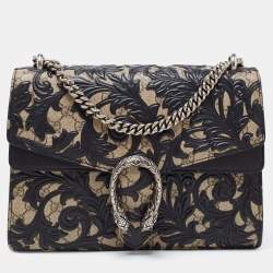مملوكة مسبقًا Gucci Black/Beige GG Supreme Canvas and Leather Medium Dionysus Arabesque Shoulder Bag