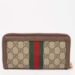 Pre Owned Gucci Brown/Beige GG Supreme Canvas and Leather Ophidia Zip Around Wallet