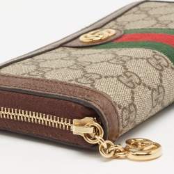 Pre Owned Gucci Brown/Beige GG Supreme Canvas and Leather Ophidia Zip Around Wallet