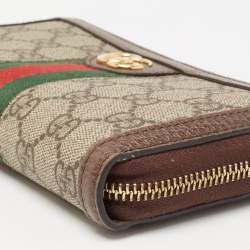 Pre Owned Gucci Brown/Beige GG Supreme Canvas and Leather Ophidia Zip Around Wallet