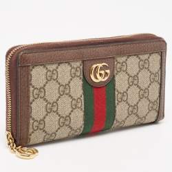Pre Owned Gucci Brown/Beige GG Supreme Canvas and Leather Ophidia Zip Around Wallet
