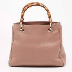 Pre Owned Gucci Old Rose Leather Bamboo Handle Tote