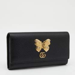 Pre Owned محفظة كونتيننتال غوتشي فراشة فارفالا جلد سوداء 