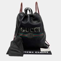 Pre Owned Gucci Black Leather Logo Drawstring Backpack