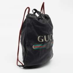 Pre Owned Gucci Black Leather Logo Drawstring Backpack