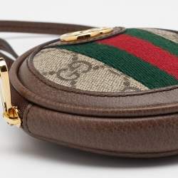 Pre Owned حافظة عملات معدنية مستديرة غوتشي أوفيديا جلد وكانفاس سوبريم جي جي بيج / بني 