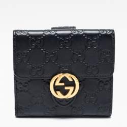 Pre Owned Gucci Black Guccissima Leather Interlocking G French Wallet
