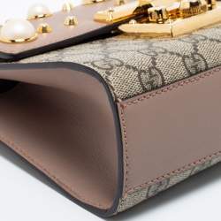 مملوكة مسبقًا Gucci Beige/Brown GG Supreme Canvas And Leather Small Studded Padlock Shoulder Bag