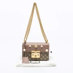 مملوكة مسبقًا Gucci Beige/Brown GG Supreme Canvas And Leather Small Studded Padlock Shoulder Bag